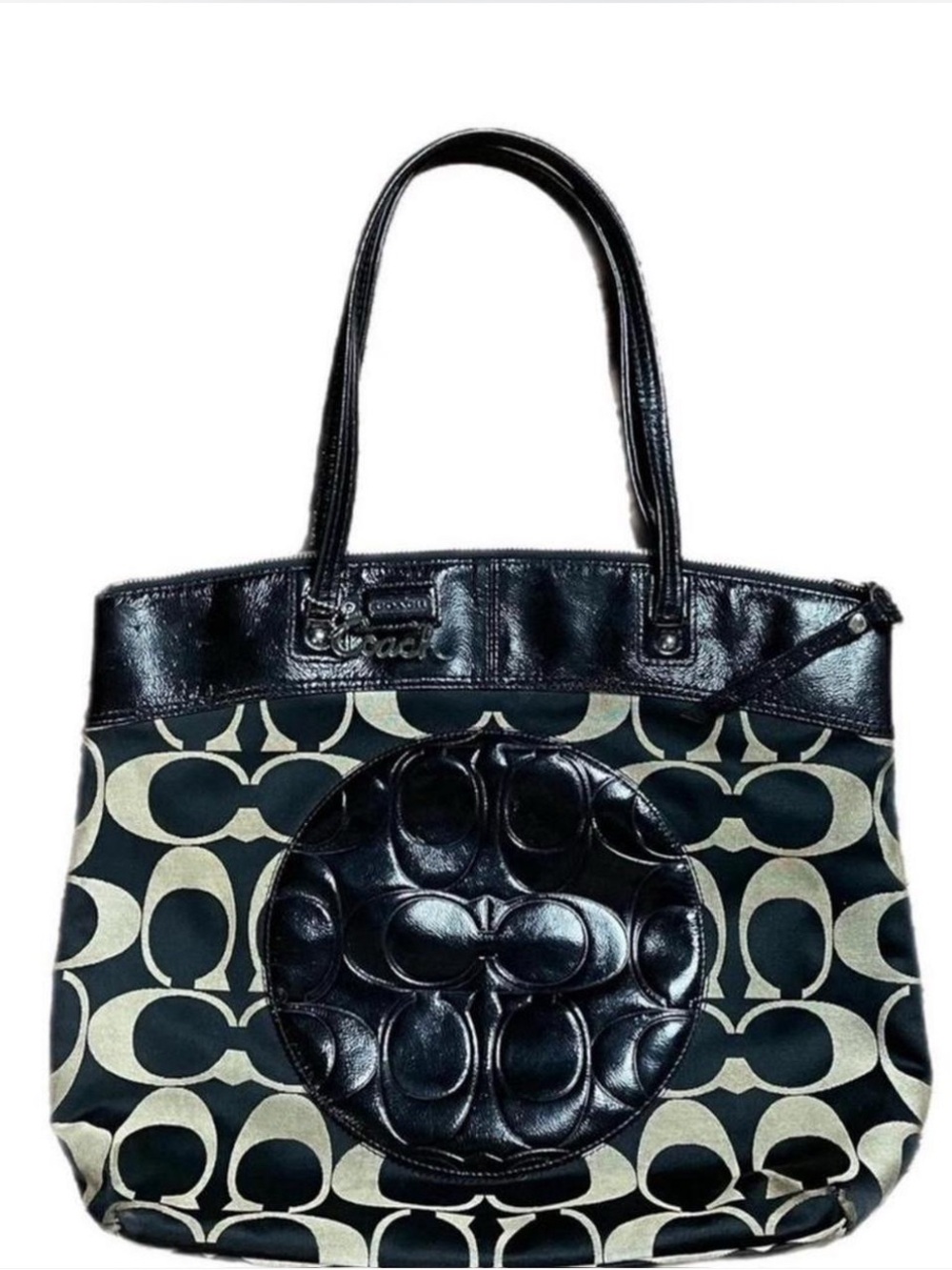 Coach Black and Cream Signature Canvas Tote with Leather Trim